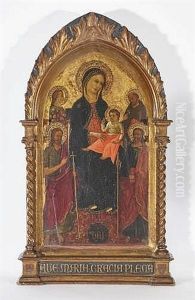 Madonna And Child Enthroned Madonna Flanked By Saint Catherine Of Alexandria And John The Baptist (left), As Well As Saint Francis Of Assisi With John The Evangelist (right) by Nicoletto Semitecolo