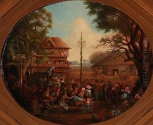Spring Day In The Village. The Villagers Are Enjoying Themselves Around The Maypole
