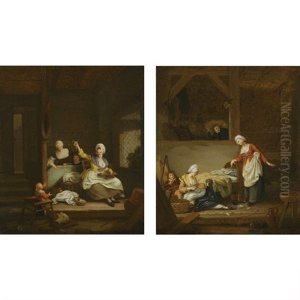 An Interior With A Mother Knitting, Watched By Her Children And A Maid (+ A Barn Interior With A Mother Feeding Her Baby; Pair) - view 1