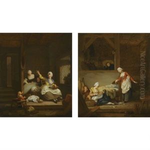 An Interior With A Mother Knitting, Watched By Her Children And A Maid (+ A Barn Interior With A Mother Feeding Her Baby; Pair)
