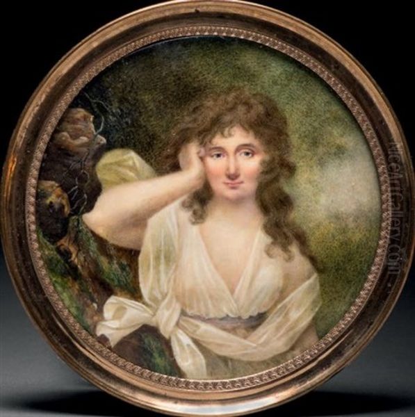 Jeune Femme Pensive Accoudee A Un Rocher, En Robe De Voile Blanc, Chevelure Retombant En Boucles Sur Les Epaules Et Fond De Foret - view 1