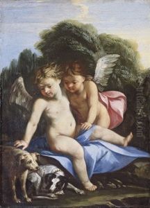 Deux Putti Jouant Avec Des Chiens by Jehan (Senaille or Seneil) Senelle