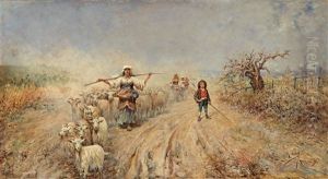 Heimkehr Der Herde In Der Campagna by Rafael Senet y Perez