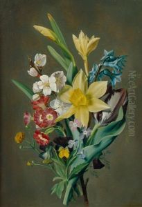 Fruhlingsstrauss Mit Kirschbluten, Narzissen Und Primeln by Adolf (Carl) Senff
