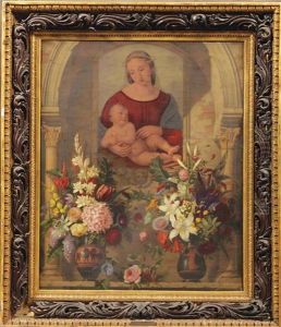 An Altar With Two Bouquets In Ancient Greek Vases Before A Painting Of Madonna And Child by Adolf (Carl) Senff