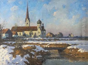 Vorfruhling In Bayerischer Landschaft Mit Dorfkirche