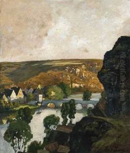 Blick Auf Ein Kleines Dorf An Einem Fluss Mit Einer Steinbrucke by Ludwig Von Senger