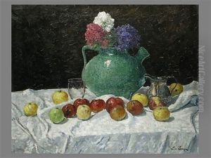 Stillleben Mit Apfeln Und Blumenkrug by Ludwig Von Senger