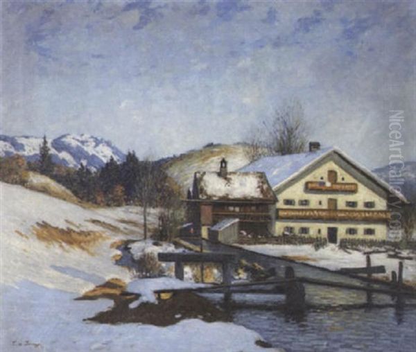 Oberbayerisches Gehoft Bei Schneeschmelze - view 1