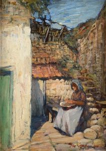 An Elderly Lady Seated Outside Cottages Preparing A Bowl Of Food