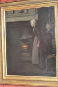 Cottage Interior With A Lady Beside A Fireplace (peggy Valvert?)