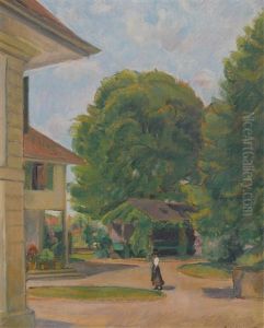 Sommerliche Hauspartie Mit Trachtenfrau by Traugott Senn