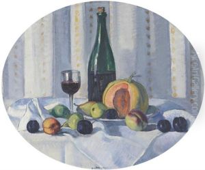 Stillleben Mit Wein Und Fruchten Auf Weissem Tischtuch by Traugott Senn