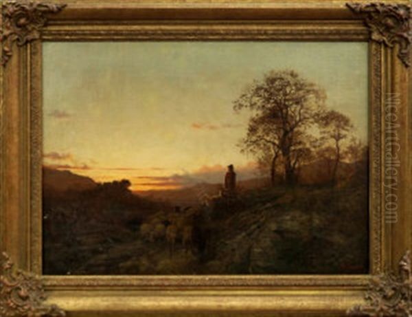 Shepherd With His Flock At Sunset On A Mountain Track - view 1