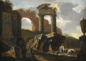 Capriccio Av Klassiska Ruiner Med I Forgrunden Figurer Capriccio Av Klassiska Ruiner Med I Forgrunden Figurer