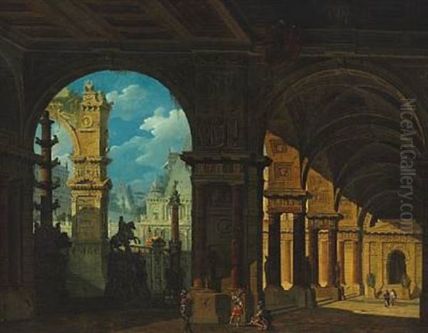 A Caprice Of Classical Buildings, In The Foreground Roman Soldiers In A Colonnade - view 1