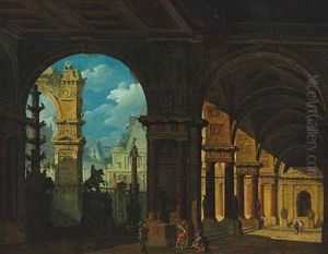 A Caprice Of Classical Buildings, In The Foreground Roman Soldiers In A Colonnade by Giovanni Niccolo Servandoni