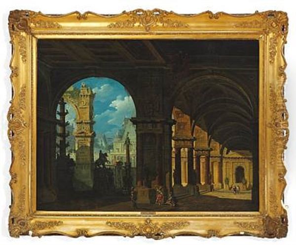 A Capriccio Of Classical Buildings, In The Foreground Roman Soldiers In A Colonnade - view 1