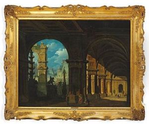 A Capriccio Of Classical Buildings, In The Foreground Roman Soldiers In A Colonnade