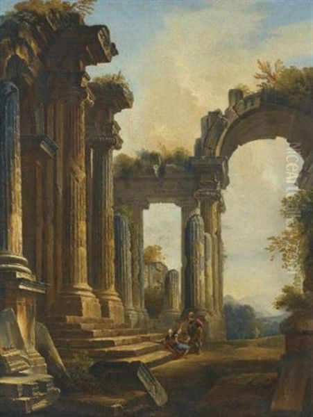 A Capriccio Of Classical Ruins With Three Men Conversing At The Steps Of A Temple - view 1