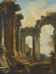A Capriccio Of Classical Ruins With Three Men Conversing At The Steps Of A Temple