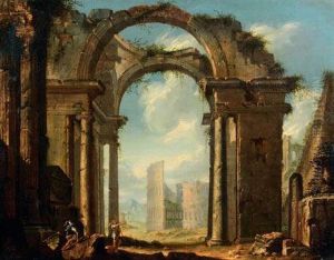Capriccio De Ruines Romaines Avec Le Colisee, La Pyramide De Caius Cestius Et Le Temple De Vesta