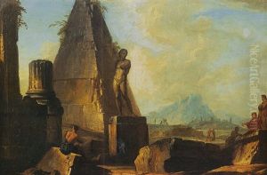 Ruines D'un Temple Antique Avec Une Statue Pres De La Pyramide De Caius Cestius by Giovanni Niccolo Servandoni