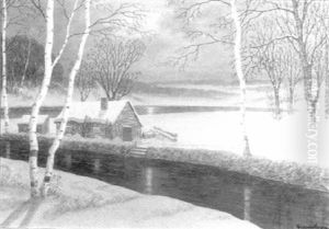 Nocturnal Scene Of Cabin Along Side Of Stream, Snowy Ground Below by Gulbrand Sether