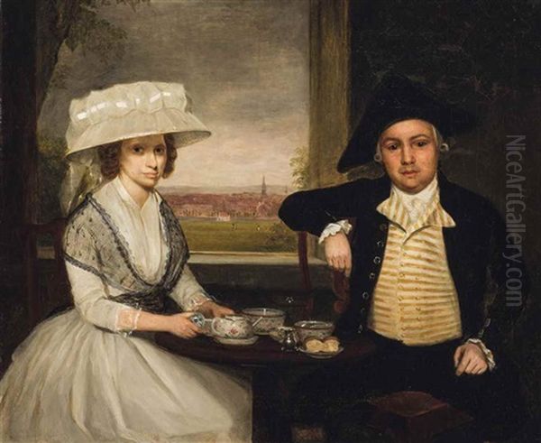 Portrait Of A Gentleman And A Lady, Three-quarter-length, Both Seated At A Table Taking Tea In An Interior, A Town Beyond - view 1