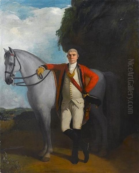 A Portrait Of An Infantry Officer Of The Honourable East India Company Standing, Full-length, By His Horse, A Landscape Beyond - view 1