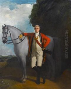 A Portrait Of An Infantry Officer Of The Honourable East India Company Standing, Full-length, By His Horse, A Landscape Beyond