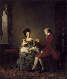 Portrait Of Thomas Davis With His Wife Elizabeth And Their Son William Seated By A Table by John Thomas (Seaton) Seton