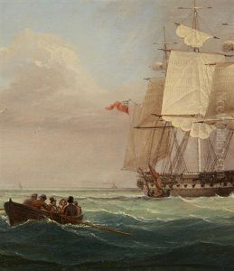 A Rowing Boat Leaving A Frigate by William Frederick Settle