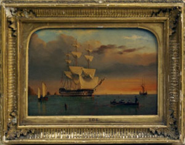 A British Ship Of The Line Off A Shore At Sunset - view 1