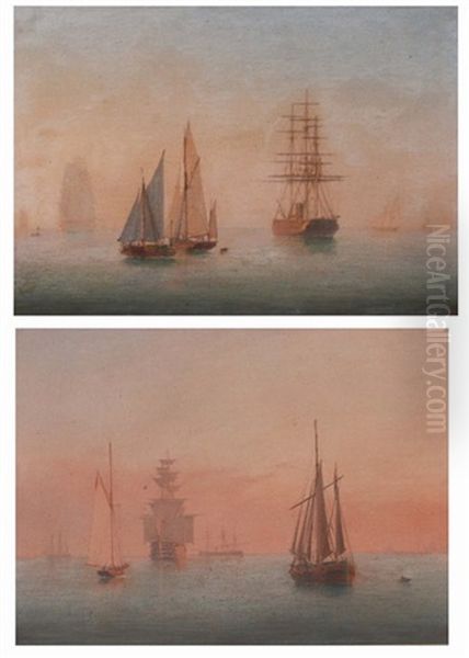 Three Masted Vessels And Other Shipping In A Calm At Sunset (pair) - view 1