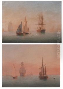Three Masted Vessels And Other Shipping In A Calm At Sunset (pair) Three Masted Vessels And Other Shipping In A Calm At Sunset (pair)