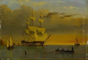 A British 74 Anchored Offshore And Drying Her Sails At Sunset