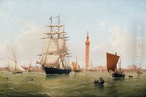A Three-masted Merchantman Leaving Grimsby On The High Tide With The Dock Tower Off Her Stern A Three-masted Merchantman Leaving Grimsby On The High Tide With The Dock Tower Off Her Stern