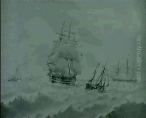 British Man O War, A Dutch Galliat And Other Sailing Vesselsin A Stiff Breeze (a Pair) by William Frederick Settle