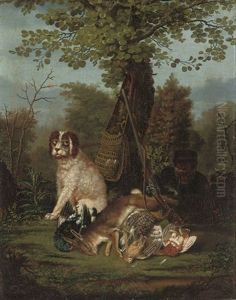 A Wooded Clearing With A Huntsman At Rest With His Hound And A Dead Hare, Woodcock And Other Birds by Johann Friedrich Seupel