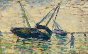 Trois Bateaux Et Un Marin (study For L'echouage A Grandcamp)