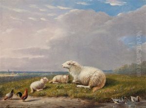 Ewe And Lambs In A Meadow by Franz van Severdonck