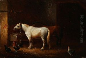 Stable Interior With Horses And Hens by Franz van Severdonck