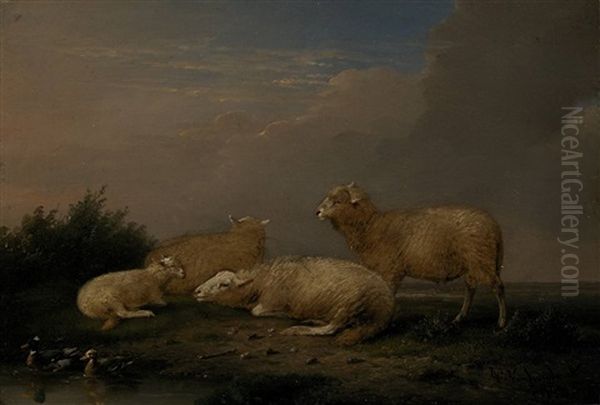 Scene With Three Sheep, A Lamb And Two Ducks - view 1