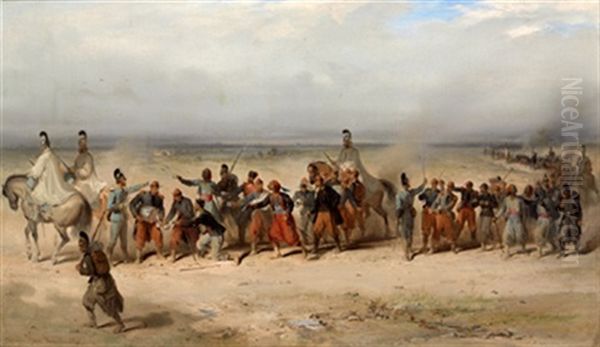 Szene Aus Dem Deutsch-franzosischen Krieg 1870/71. Bayrische Kurassiere Fuhren Eine Lange Kolonne Franzosischer Gefangener Ab, Darunter Franz. Turkos Und Zuaven - view 1