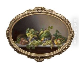 Still Life Of Fruit, Grapes, Melons And Peaches On A Marble Ledge by Luis Sevil