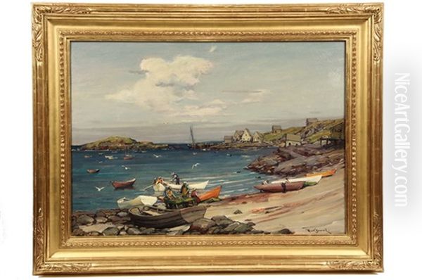 Lobstermen Working Harbor Beach, Monhegan Island, Maine - view 1