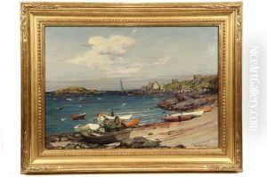 Lobstermen Working Harbor Beach, Monhegan Island, Maine by Robert Van Vorst Sewell