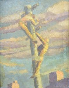 Two Men Working On A Telephone Pole by William J. Sewell