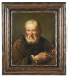 Bildnis Eines Bartigen Mannes, Gelehrter Oder Chronograph, Der In Seiner Linken Einen Zirkel Halt Und Mit Seiner Rechten Hand Auf Einen Vor Ihm Befindlichen Globus Hinweist